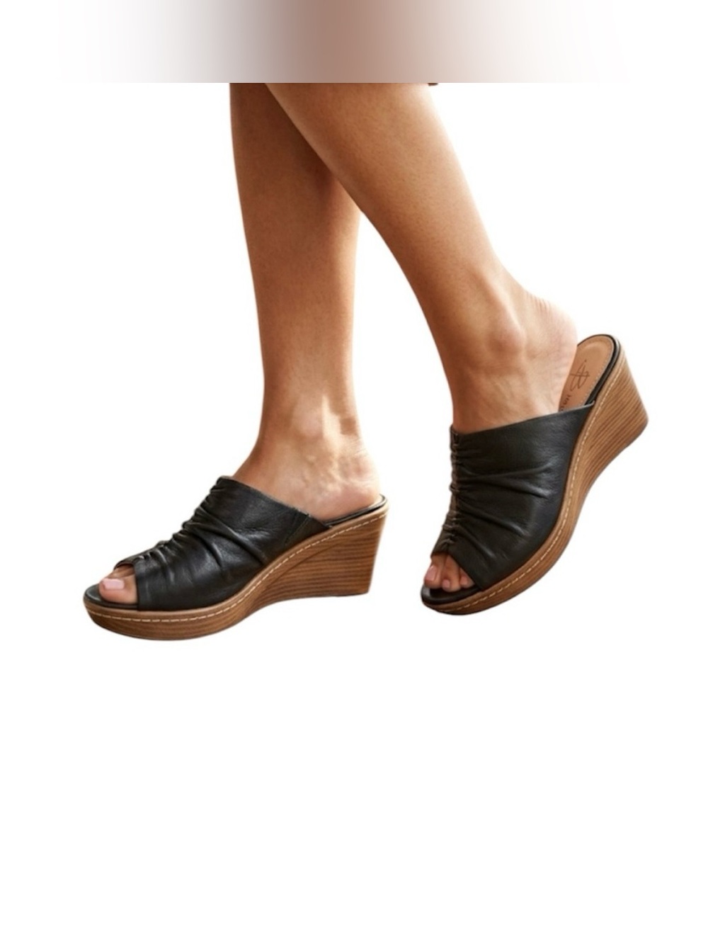 B Makowsky Black Ruched Leather Wedge Mule Size: 8 1/2